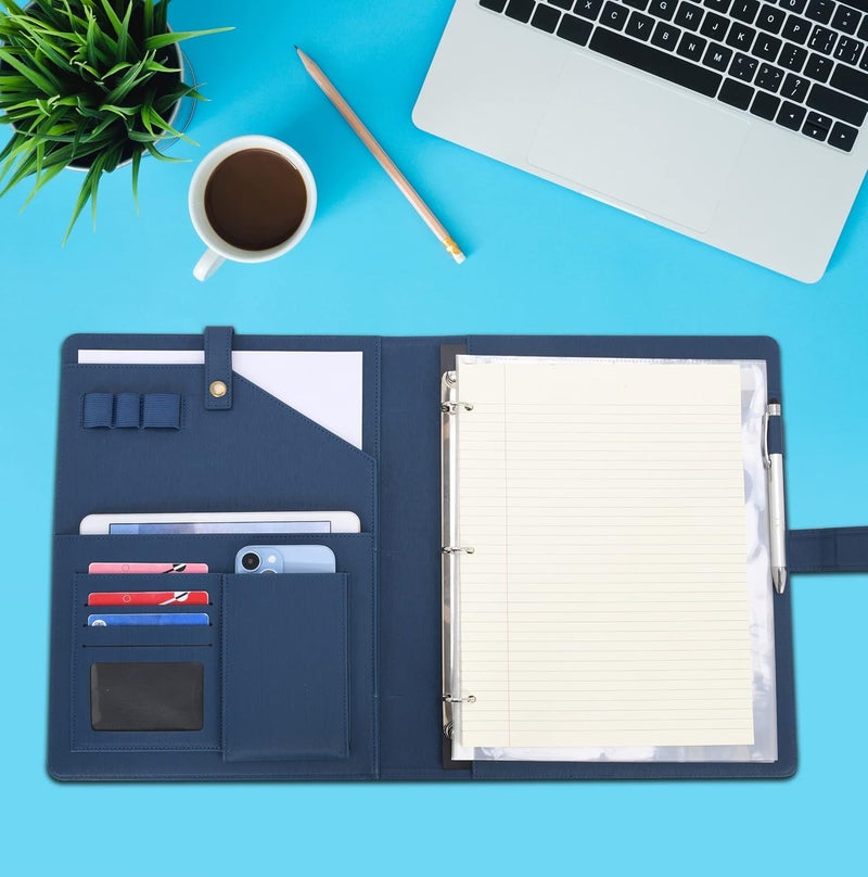 WONDERPOOL A4 PU Leather Portfolio Holder Ring File Document Case with Removable Binder Clipboard, Multi Pocket and Legal Pad for Business Organizer Interview and Meeting (Dark Blue) - Image 2